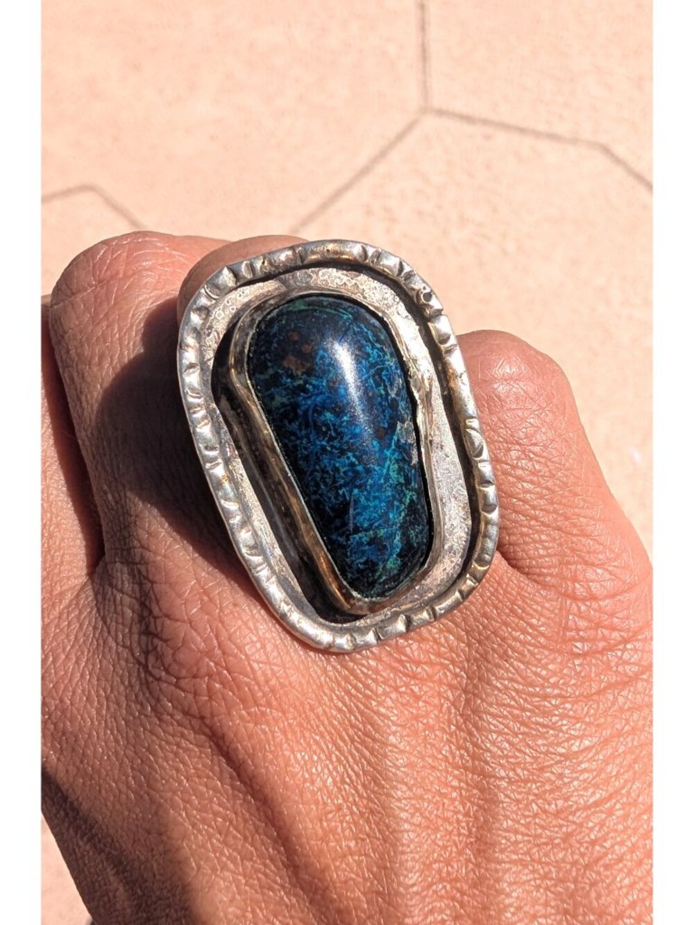 Handcrafted Sterling Silver Ring Blue and Teal Big Azurite-chrysocolla Size 6.5